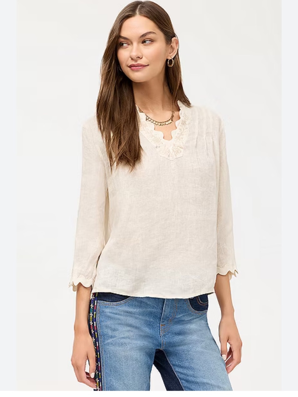 Johnny Was Calme linen S Women's Cream Embroidered V-Neck Blouse